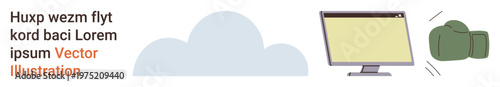Cloud computing, data security, online privacy, digital access, storage technology, cybersecurity. A cloud, monitor and lock visual. Cloud computing and data security