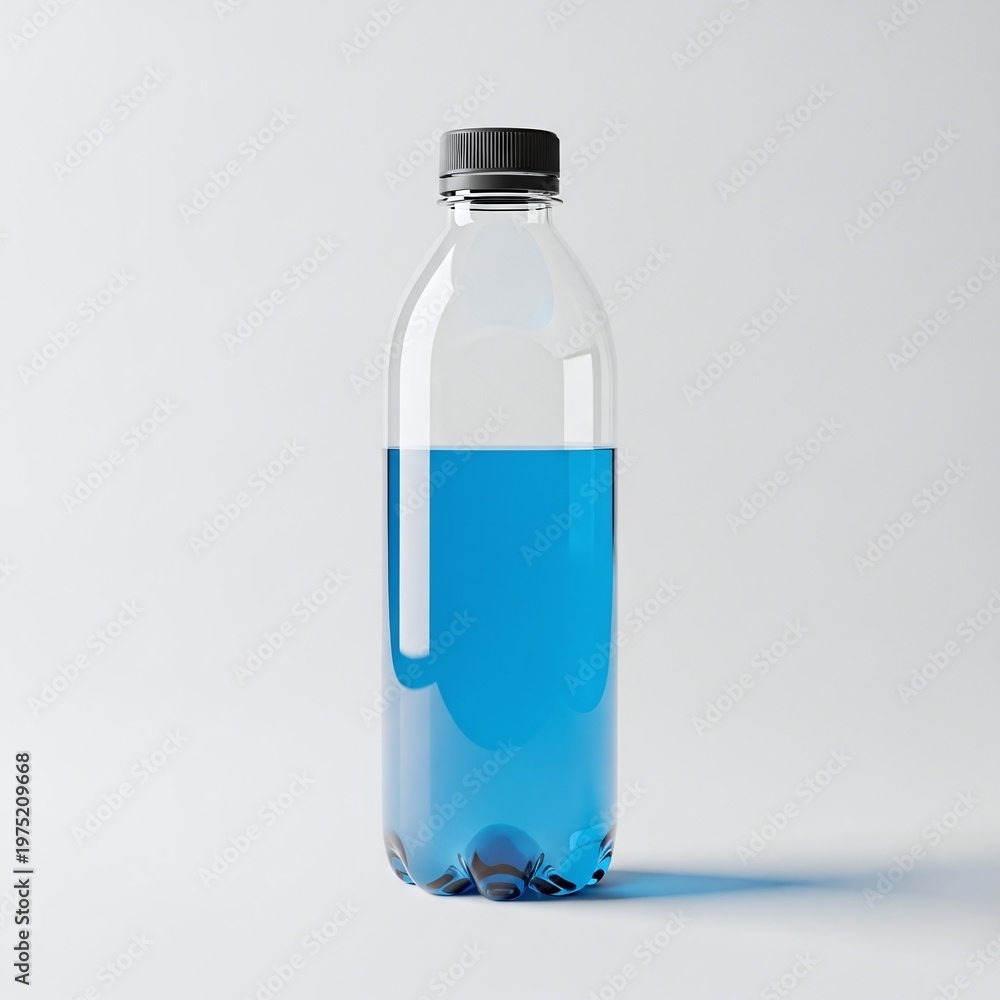 Naklejka premium Clear Plastic Bottle with Blue Liquid and Black Cap on White Background