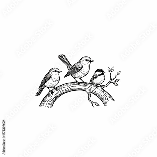 Obraz na płótnie Three small birds perched on a tree branch, hand-drawn illustration