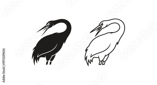 Black and White Crane Bird Silhouettes Art Vector