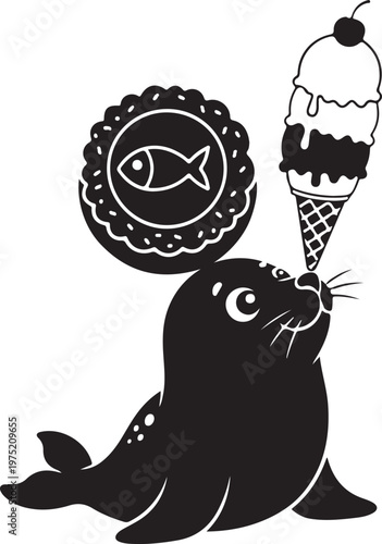 A seal is enjoying an ice cream cone and a cookie Vector, illustration