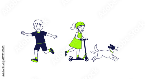 Children playing with dog and scooter, active lifestyle, summer fun