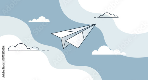 Paper airplane flying through clouds, symbolizing dreams, travel, and creativity