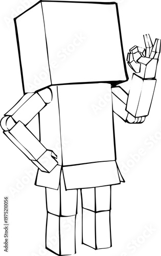 Cardboard box man character and hands holding package line art