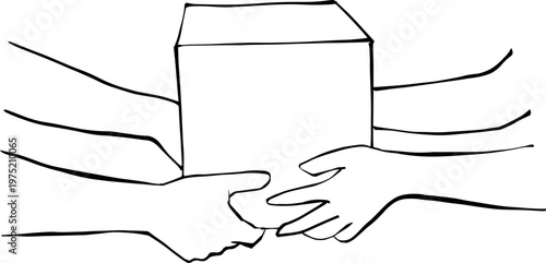 Cardboard box man character and hands holding package line art