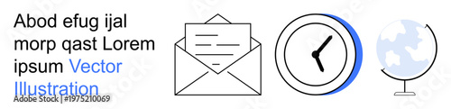 Communication, globalization, productivity, digital interaction, scheduling, networking. Envelope, clock globe lined up. Communication and globalization with productivity and networking