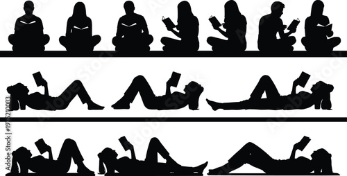 Collection of people silhouettes reading books in various poses including sitting cross legged and lying down positions for education literacy and library concepts.