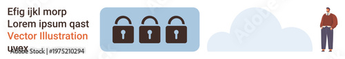 Cybersecurity, data protection, privacy, cloud storage, online safety, digital access. Illustration shows three padlocks, a cloud symbol and a person standing. Cybersecurity and data protection