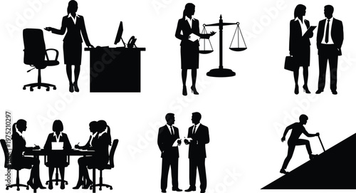 Fotografi Professional business silhouettes collection featuring corporate lawyer figures office meeting scenes justice scale icon and career growth concepts for legal and financial industry presentations