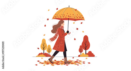 Woman walking with umbrella in autumn, falling leaves, red coat, scarf