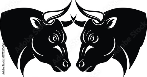 Two powerful bull heads silhouettes facing each other in black and white vector style for sports mascots cattle farming logos and financial market symbols.