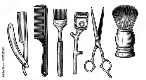 Vintage Barber Tools Set: Razor, Comb, Clippers, Scissors, Brush - Black and White Illustration