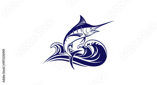 Blue Marlin Leaping Out of Ocean Waves, Sport Fishing Icon
