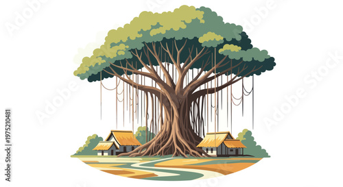 Giant Banyan Tree with Tropical Village and Hanging Roots