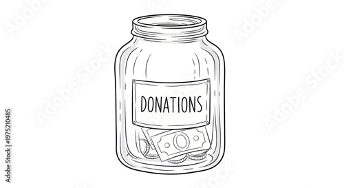 Hand-drawn illustration of a glass jar filled with coins and banknotes labeled "Donations"