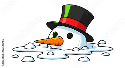 Melting Snowman in Top Hat with Carrot Nose on White Background