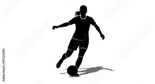 Female Soccer Player Silhouette Kicking Ball, Action Shot, White Background