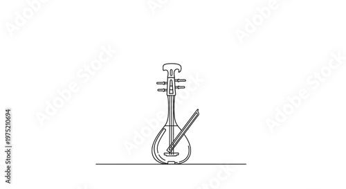 Minimalist continuous line drawing of a traditional Chinese erhu instrument with bow