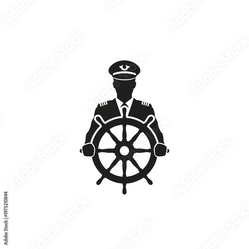Icon representing a ship's captain, a professional mariner in uniform, standing proudly with hands on a ship's helm, symbolizing leadership and navigation