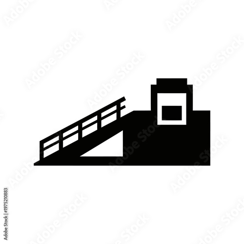 Black silhouette of a multi-story building with a ramp and railing, evoking industrial or architectural themes