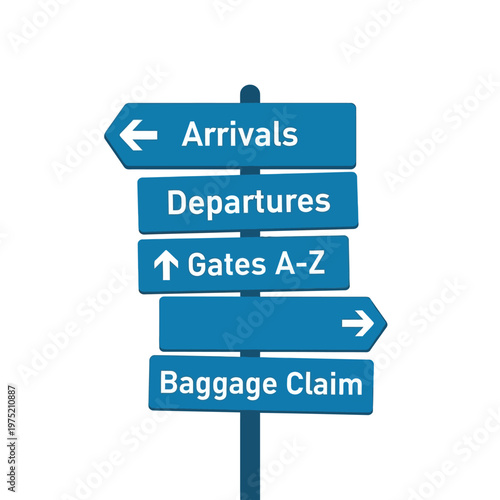 Clear airport direction signpost for travelers guiding to arrivals, departures, gates, and baggage claim areas, providing essential navigation for passengers