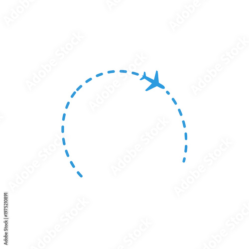 A clean travel vlog camera icon representing a journey with a plane and dotted line indicating flight path, perfect for travel blogs