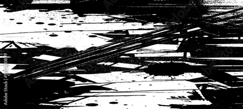 Abstract Grunge Texture Featuring Glitch Noise, Distressed Ink Splatters, Static Interference Patterns, and Monochrome Urban Decay Backgrounds.