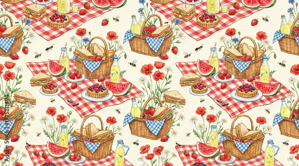 Naklejka premium Joyful Seamless Summer Picnic Pattern with Baskets and Food