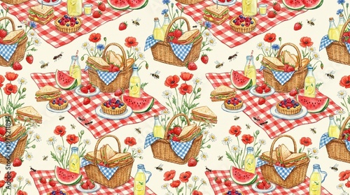 Joyful Seamless Summer Picnic Pattern with Baskets and Food