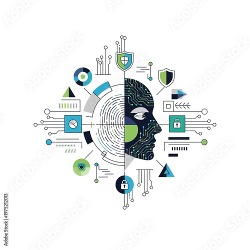 A futuristic illustration of a human head with circuit board and security symbols surrounding it