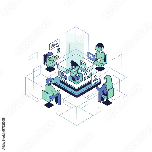 A group of people working together in a virtual office space with computers and technology