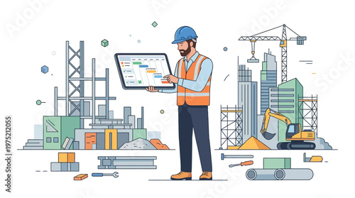 Construction Manager Using Digital Tablet for Project Planning on Building Site Illustration. Professional Engineer Managing Schedule with Gantt Chart at Construction Zone.