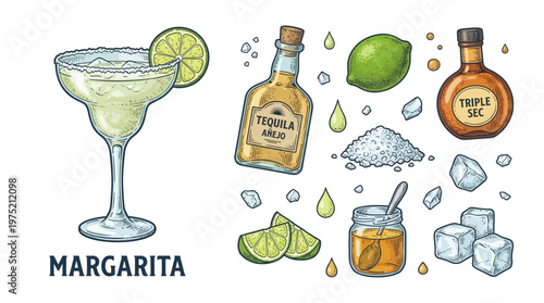 Margarita Cocktail Recipe Ingredients Set, Vintage Hand Drawn Vector Illustration featuring Tequila Bottle, Lime, Salt, Ice, and Triple Sec for Bar Menu Design