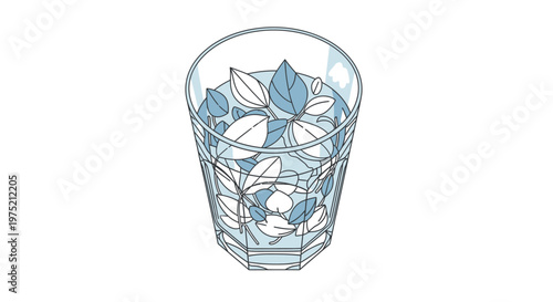 Refreshing glass of water with ice cubes and decorative blue leaves on a white background, top view