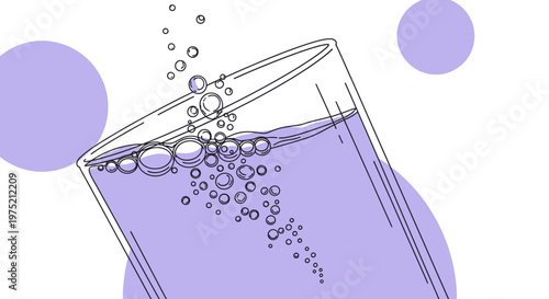 Refreshing purple drink with bubbles in a tilted glass, abstract circles in background, clean illustration