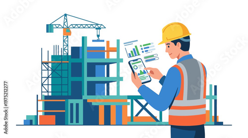 Modern Civil Engineer Monitoring Construction Site Progress with Digital App and Data Visualization Interface for Smart Building Management