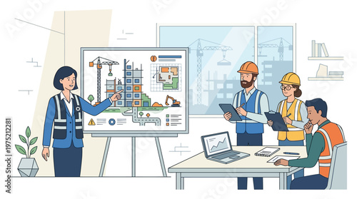 Construction Project Management Team Meeting: Architects and Engineers Discussing Building Blueprints and Site Development Plans in a Modern Office