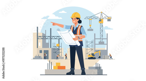 Female Engineer Holding Blueprints and Managing Construction Site Project Vector Illustration