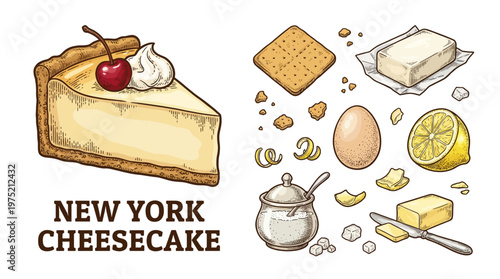 New York Cheesecake slice with ingredients like butter, egg, and lemon. Hand-drawn engraving style vector illustration set on black background.
