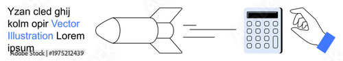 Science, calculation, technology, decision making, aerospace concepts, business analytics. A rocket directed toward a calculator with a hand pressing buttons. Science and calculation concepts