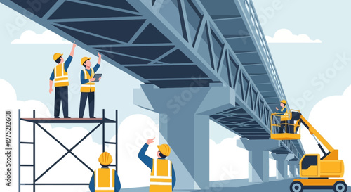 Bridge Construction Workers Inspecting Infrastructure, Civil Engineering Team on Scaffolding and Boom Lift, Flat Vector Illustration