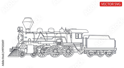 Vintage Steam Locomotive outline, Retro Train illustration, Transportation graphic