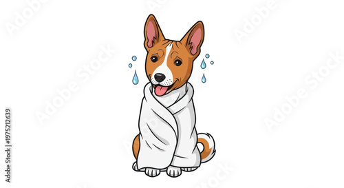 Cute dog wrapped in a white towel after bath, happy and wet, cartoon style