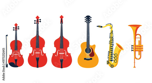 Diverse Musical Instruments Collection: Guitar, Violin, Bass, Saxophone, Trumpet