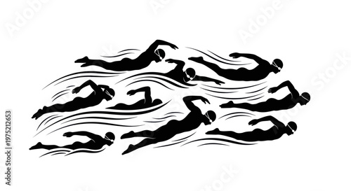 Group of swimmers in black silhouette, swimming race, dynamic water waves, abstract illustration