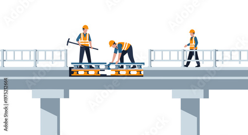 Construction Workers Building Bridge Infrastructure Vector Illustration. Team of Professional Engineers Working on Elevated Highway Overpass with Safety Gear.