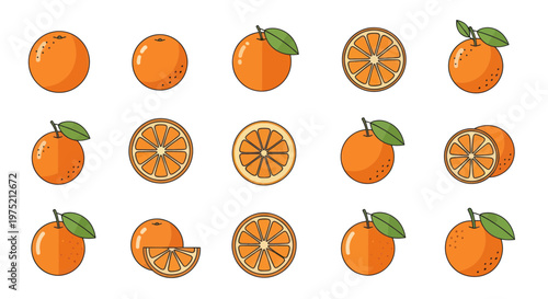 Fresh Oranges Collection: Whole, Sliced, and Halved, Flat Design Icons