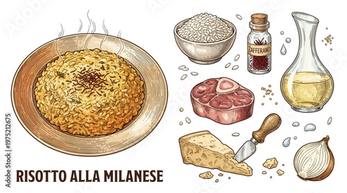 Risotto alla Milanese Traditional Italian Saffron Rice Dish with Ingredients Hand Drawn Vector Illustration
