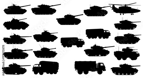 Military Vehicle Silhouettes: Tanks, Helicopter, and Trucks Collection