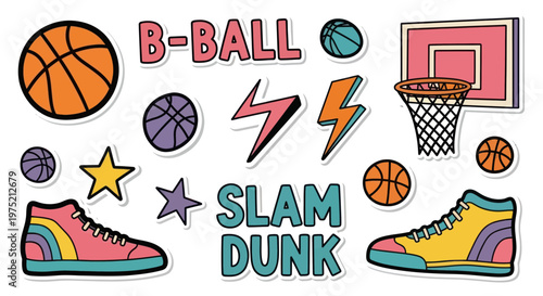 Retro Basketball Slam Dunk Stickers: B-Ball, Sneakers, Hoop, Stars, Lightning